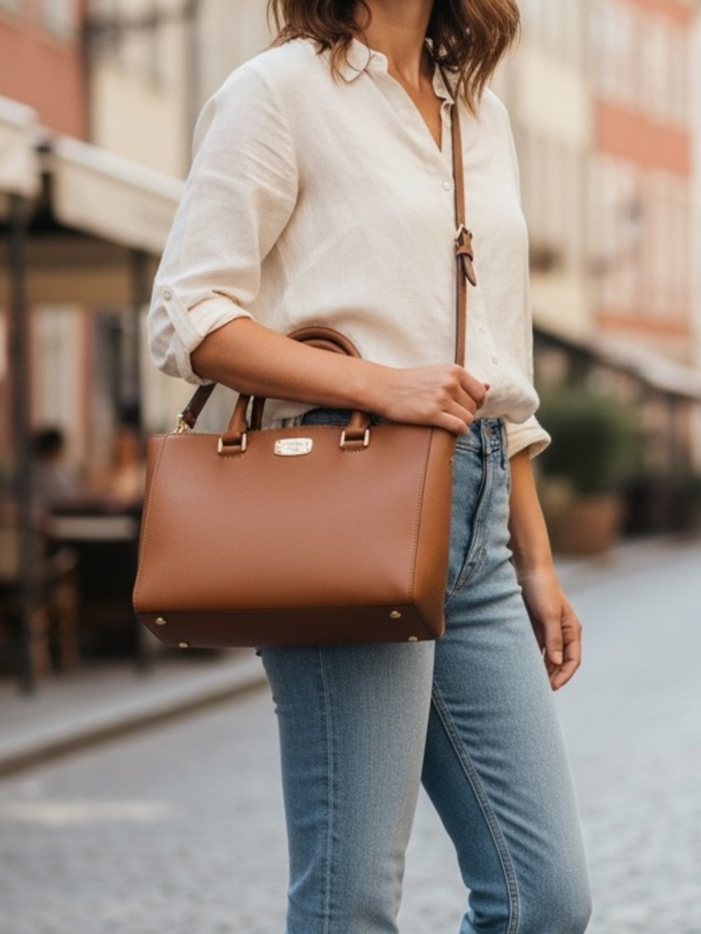 Michael Kors Kellen Brown Satchel Tote Leather Handbag Removable Strap w/Dustbag